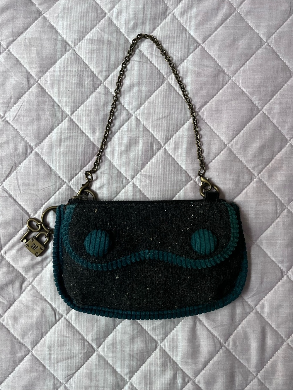 GAP Black Wool Felted Clutch with Teal Trim and Chain with Lock and Key Motif